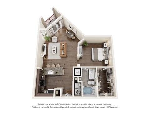 Floor plan for 1 bed, 1 bath, 837 sqft